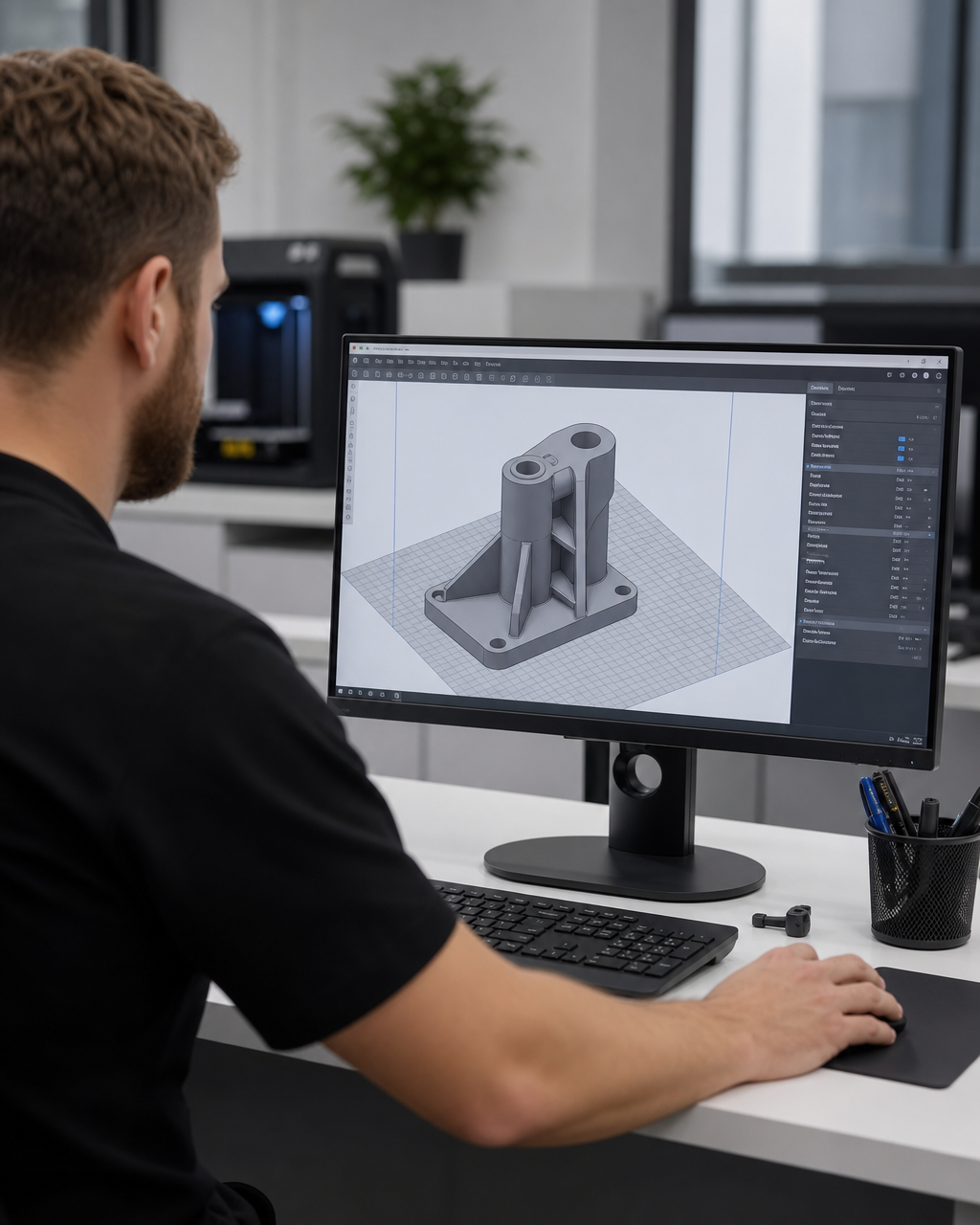 Printerior engineer working on a CAD model for additive manufacturing