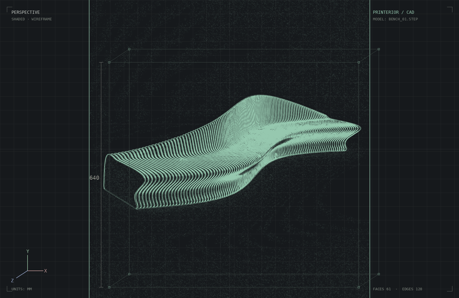 CAD wireframe of a printed bench